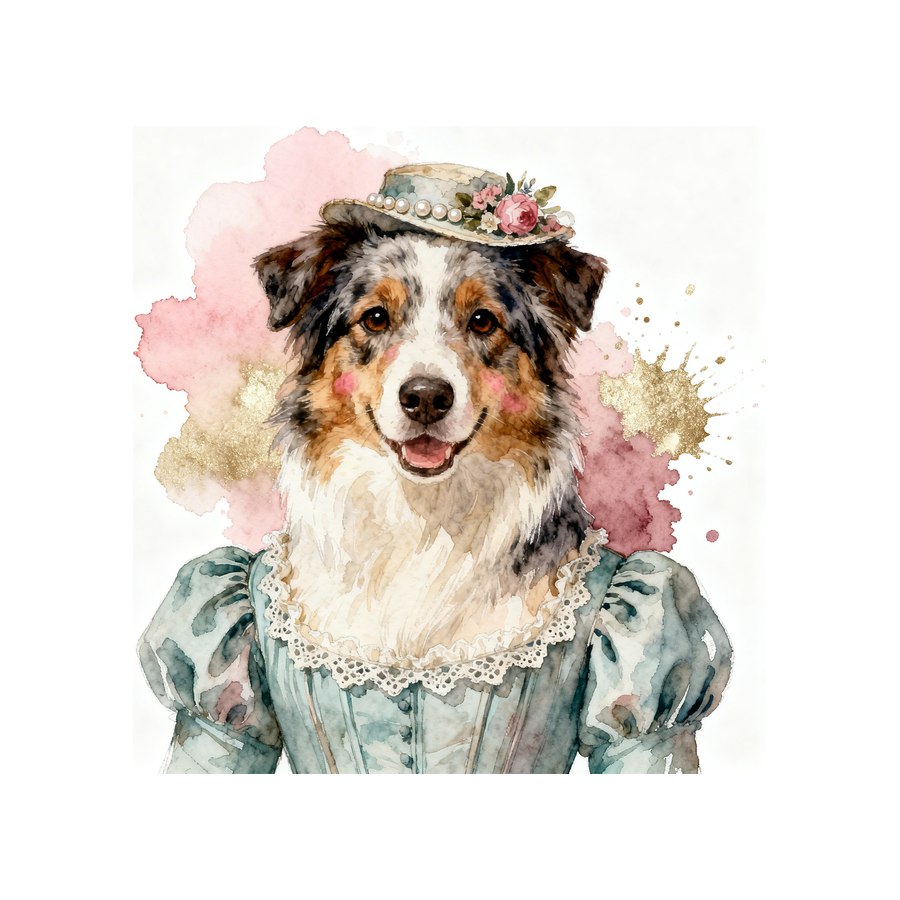 Watercolour Australian Shepherd in regency style