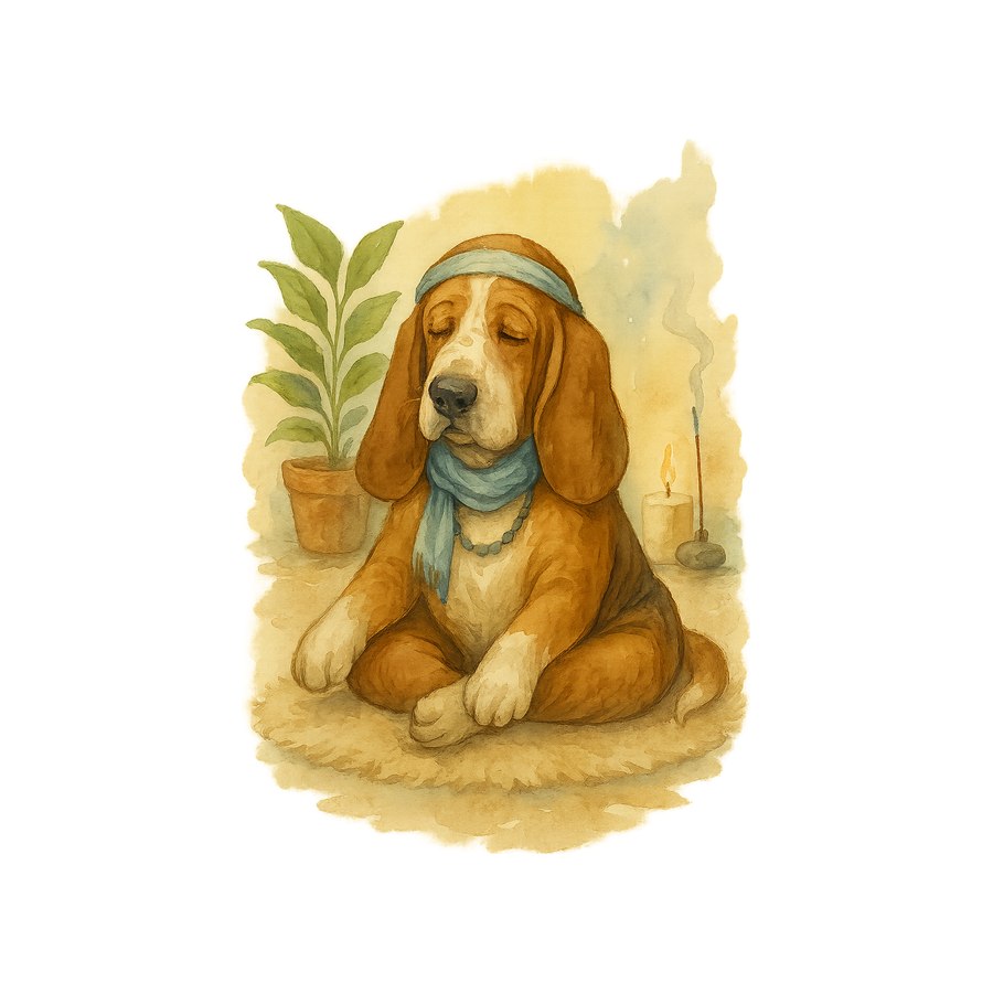 Watercolour Basset Hound in yoga style
