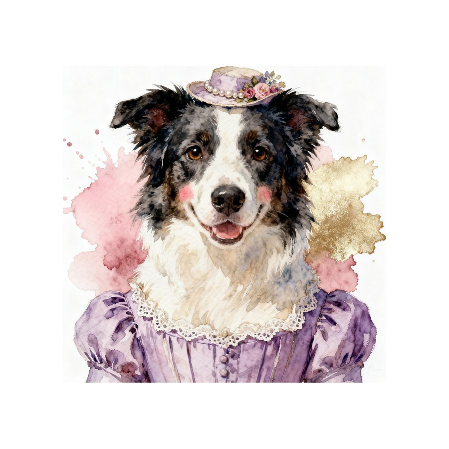 Watercolour Border Collie in regency style