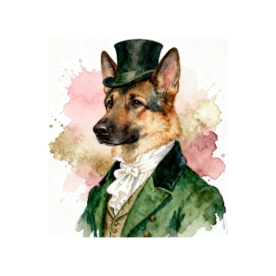 Watercolour German Shepherd in regency style