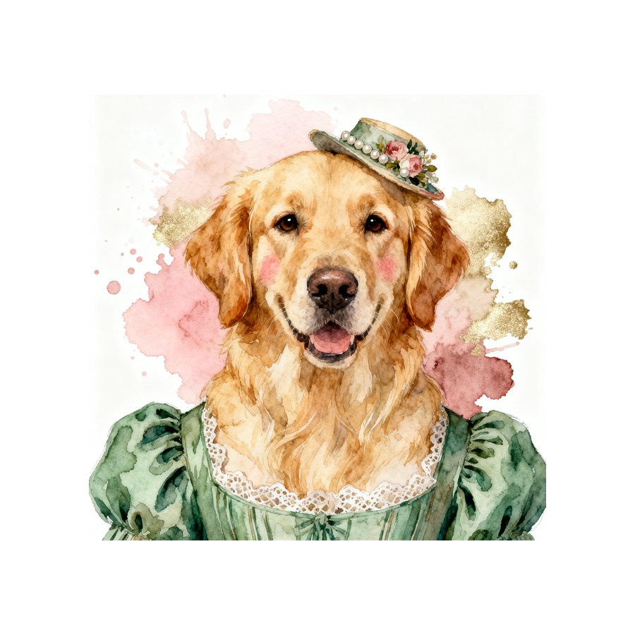 Watercolour Golden Retriever in regency style