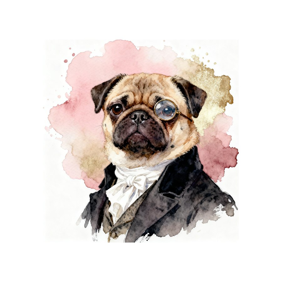 Watercolour Pug in regency style