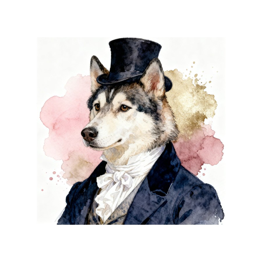 Watercolour Siberian Husky in regency style