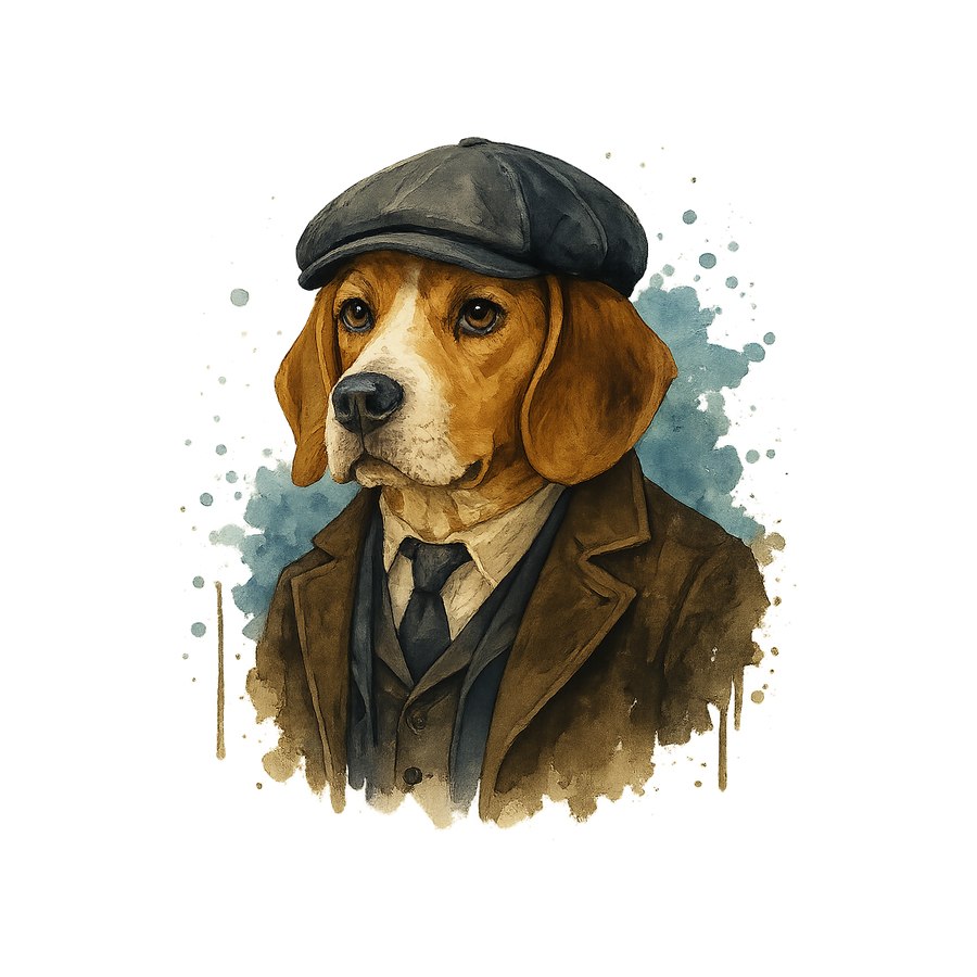Watercolour Beagle in 1920s gangster style
