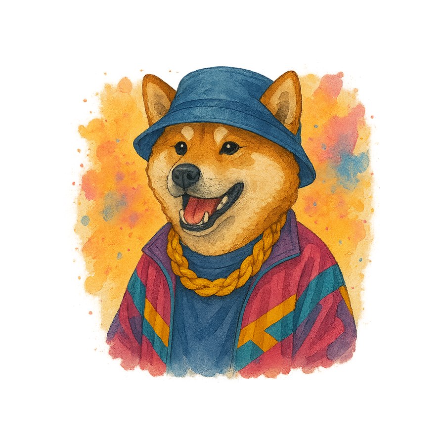 Watercolour Akita in 90s hip hop style
