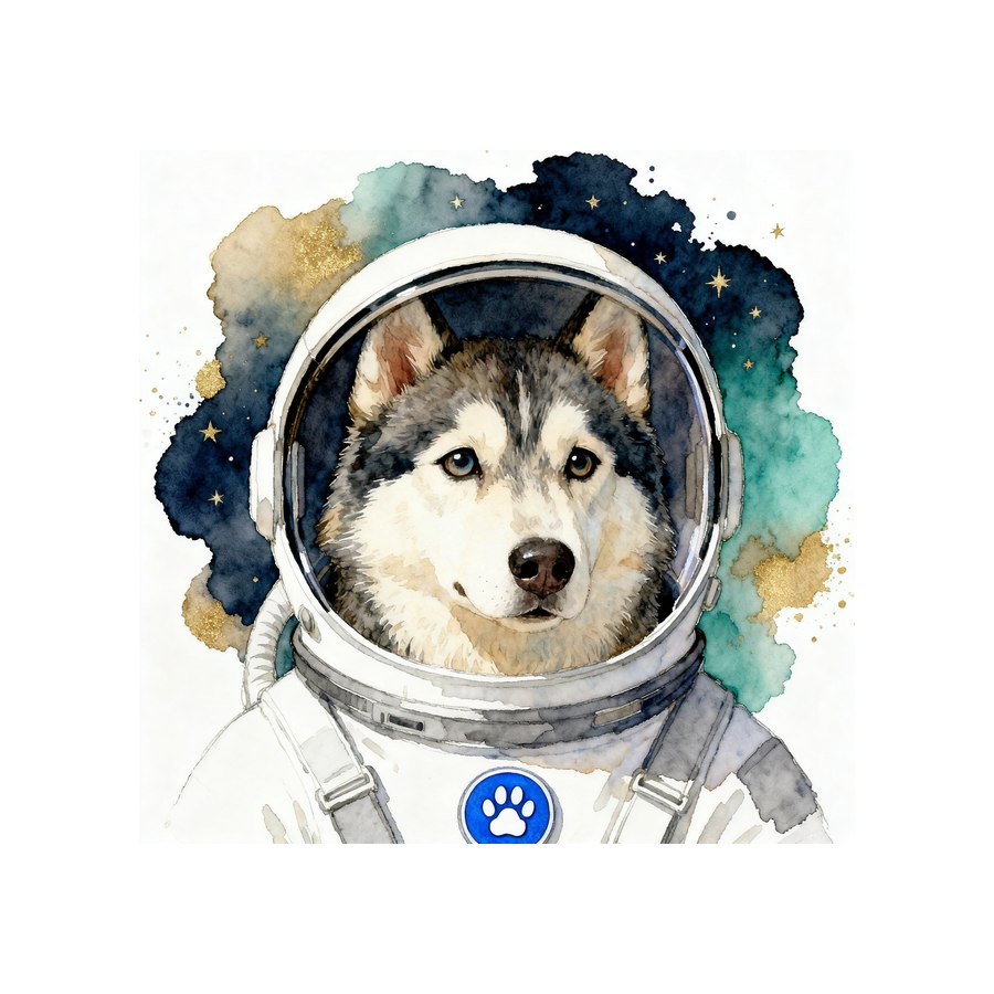 Watercolour Siberian Husky in astronaut style