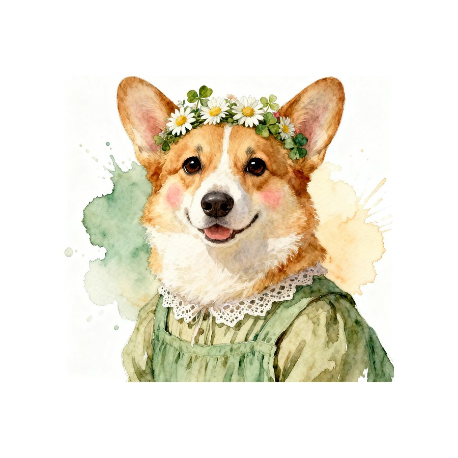 Watercolour Corgi in cottagecore style