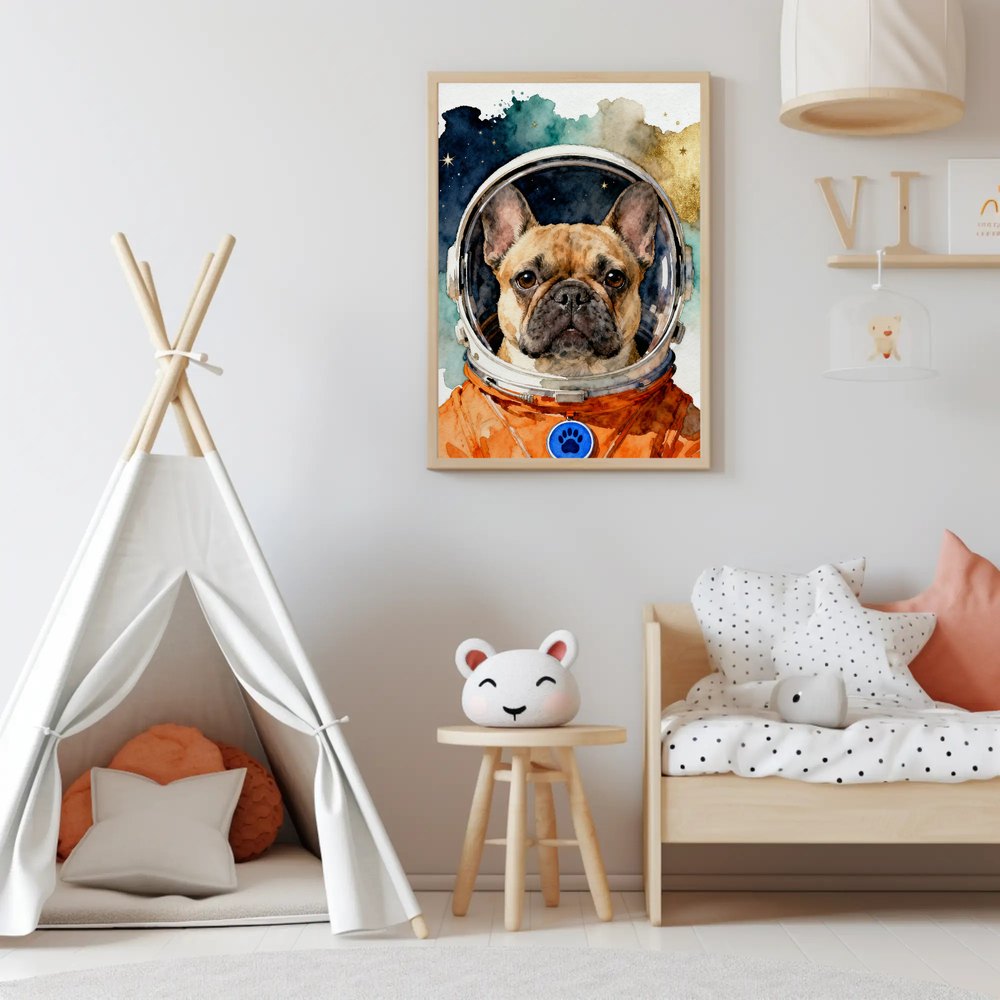Framed watercolour French Bulldog astronaut print hanging on a wall