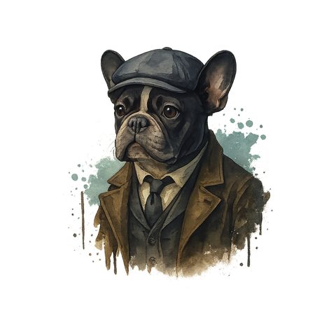 Watercolour French Bulldog in 1920s gangster style