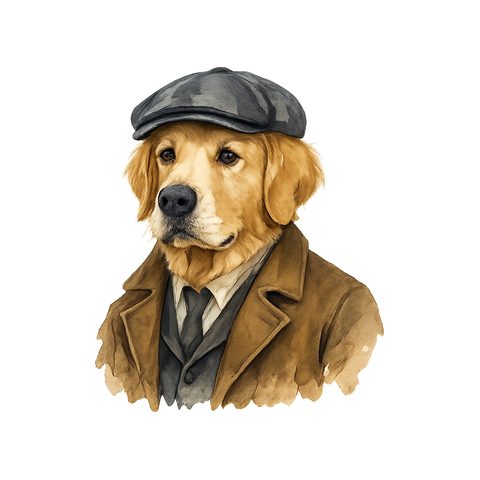 Watercolour Golden Retriever in 1920s gangster style