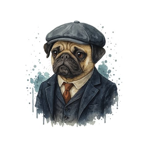 Watercolour Pug in 1920s gangster style