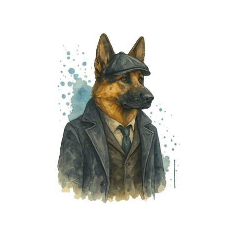 Watercolour German Shepherd in 1920s gangster style