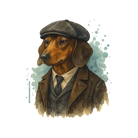 Watercolour Dachshund in 1920s gangster style