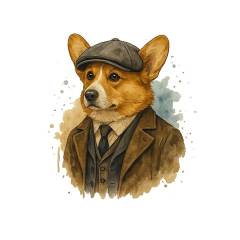 Watercolour Corgi in 1920s gangster style