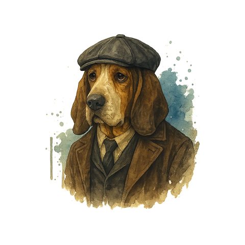 Watercolour Basset Hound in 1920s gangster style