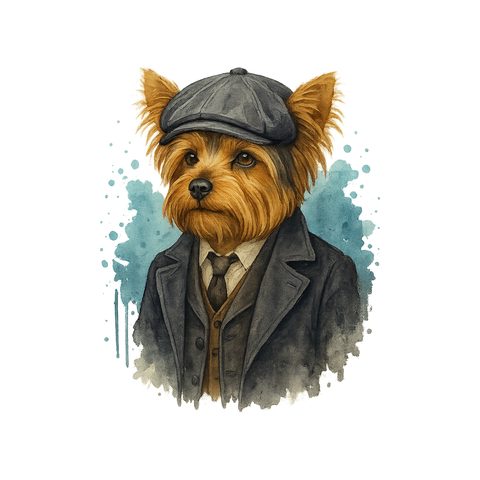 Watercolour Yorkshire Terrier in 1920s gangster style