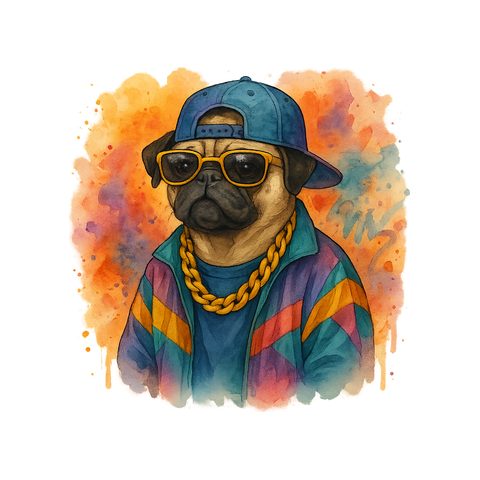 Watercolour Pug in 90s hip hop style