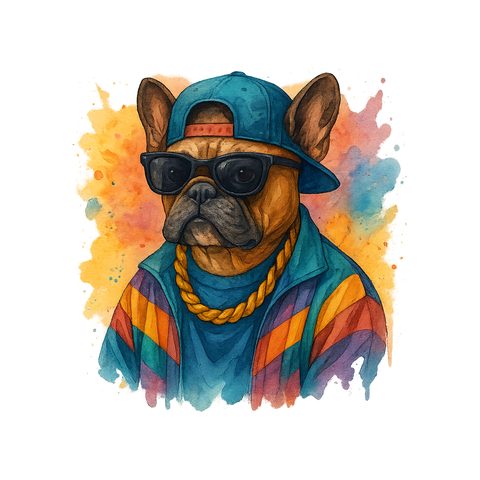 Watercolour French Bulldog in 90s hip hop style