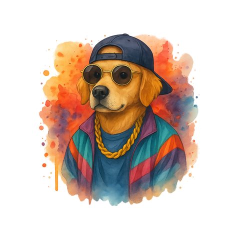 Watercolour Golden Retriever in 90s hip hop style
