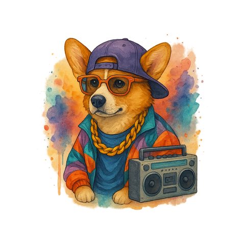 Watercolour Corgi in 90s hip hop style