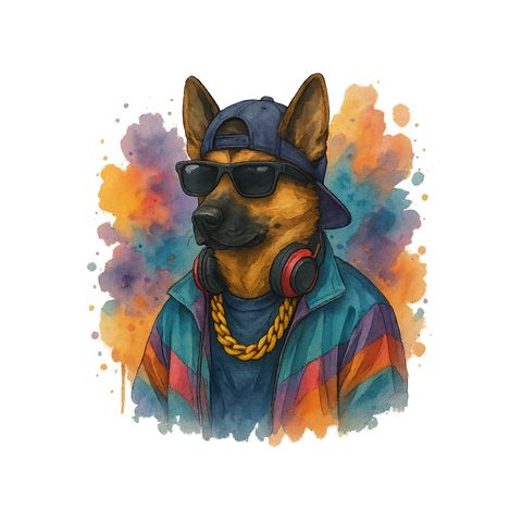 Watercolour German Shepherd in 90s hip hop style