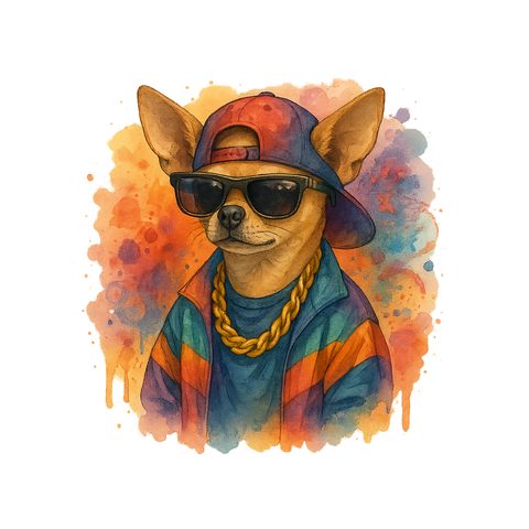 Watercolour Chihuahua in 90s hip hop style