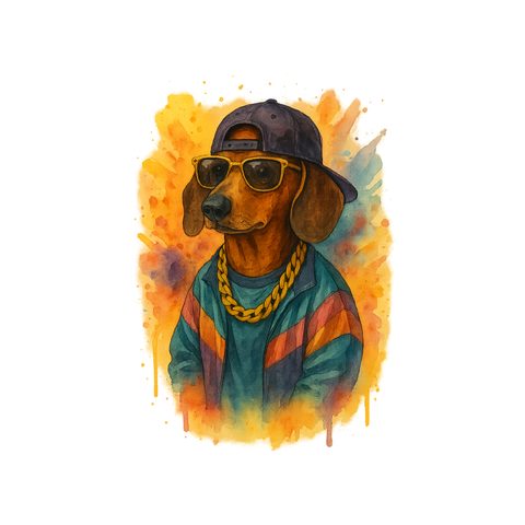 Watercolour Dachshund in 90s hip hop style