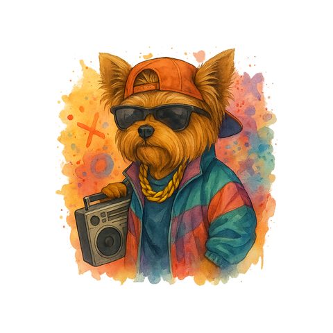 Watercolour Yorkshire Terrier in 90s hip hop style