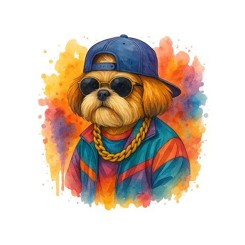 Watercolour Shih Tzu in 90s hip hop style