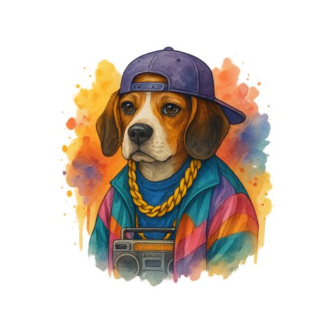 Watercolour Beagle in 90s hip hop style