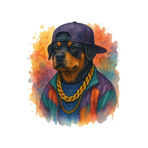 Watercolour Rottweiler in 90s hip hop style