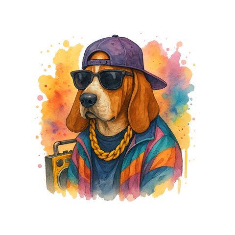 Watercolour Basset Hound in 90s hip hop style
