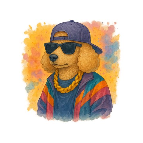 Watercolour Poodle in 90s hip hop style