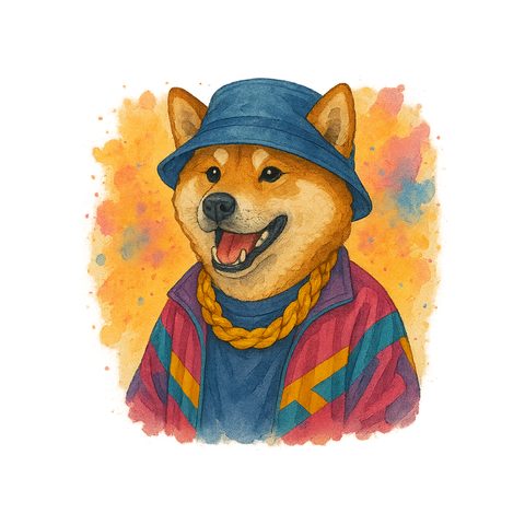 Watercolour Akita in 90s hip hop style