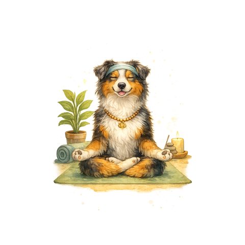 Watercolour Australian Shepherd in yoga style