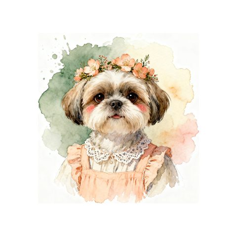 Watercolour Shih Tzu in cottagecore style