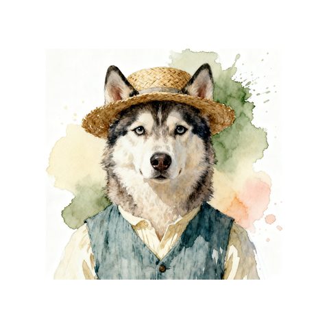 Watercolour Siberian Husky in cottagecore style
