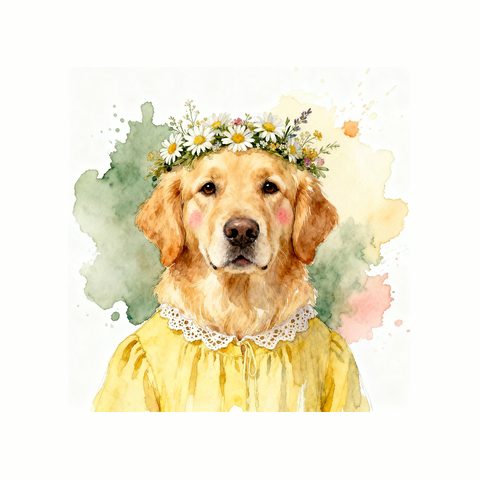 Watercolour Golden Retriever in cottagecore style