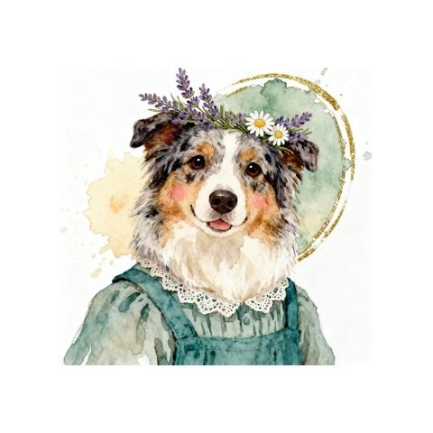 Watercolour Australian Shepherd in cottagecore style