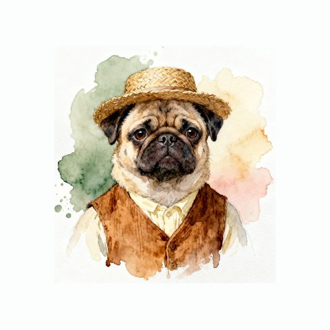Watercolour Pug in cottagecore style