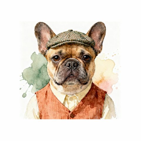 Watercolour French Bulldog in cottagecore style