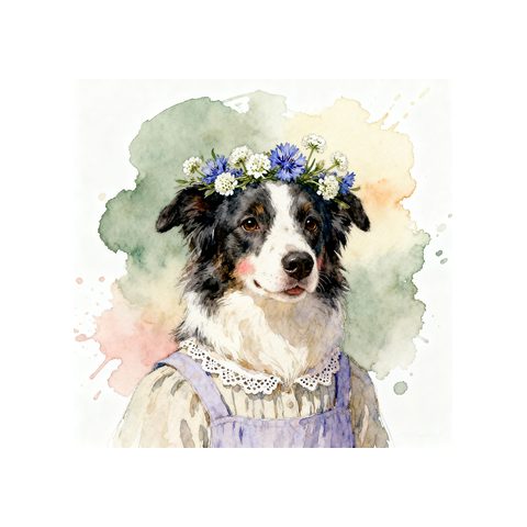 Watercolour Border Collie in cottagecore style
