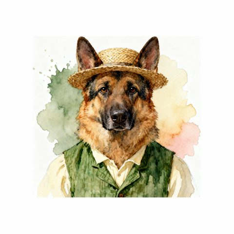 Watercolour German Shepherd in cottagecore style
