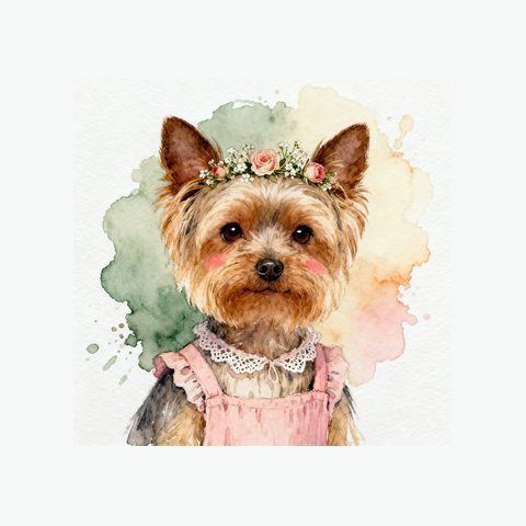 Watercolour Yorkshire Terrier in cottagecore style