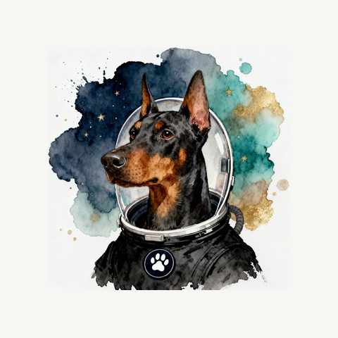 Watercolour Doberman in astronaut style