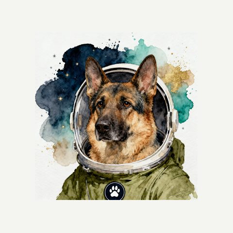 Watercolour German Shepherd in astronaut style