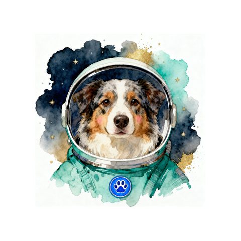 Watercolour Australian Shepherd in astronaut style