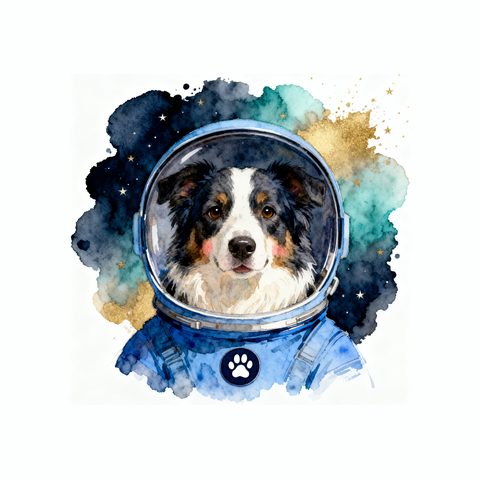 Watercolour Border Collie in astronaut style