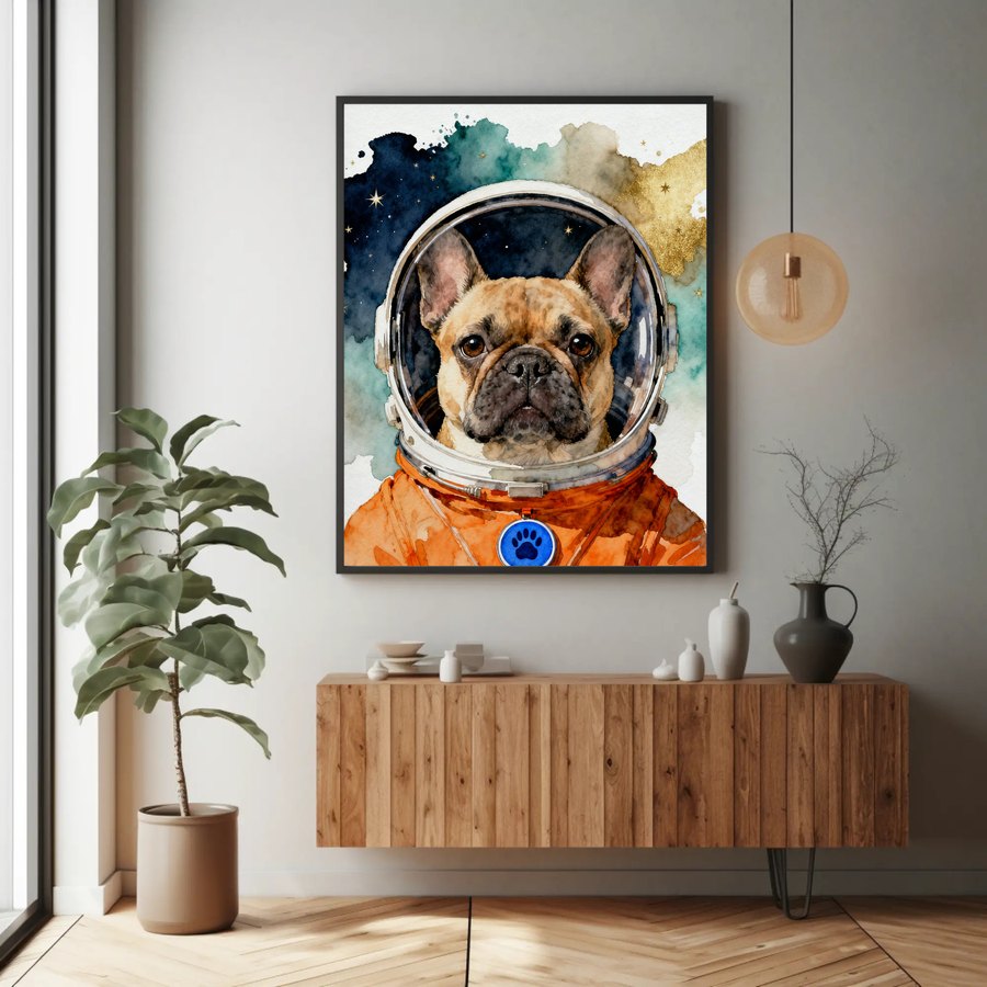 Framed French Bulldog astronaut print above a wooden sideboard