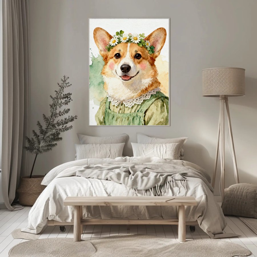 Framed Corgi cottagecore print in a bedroom